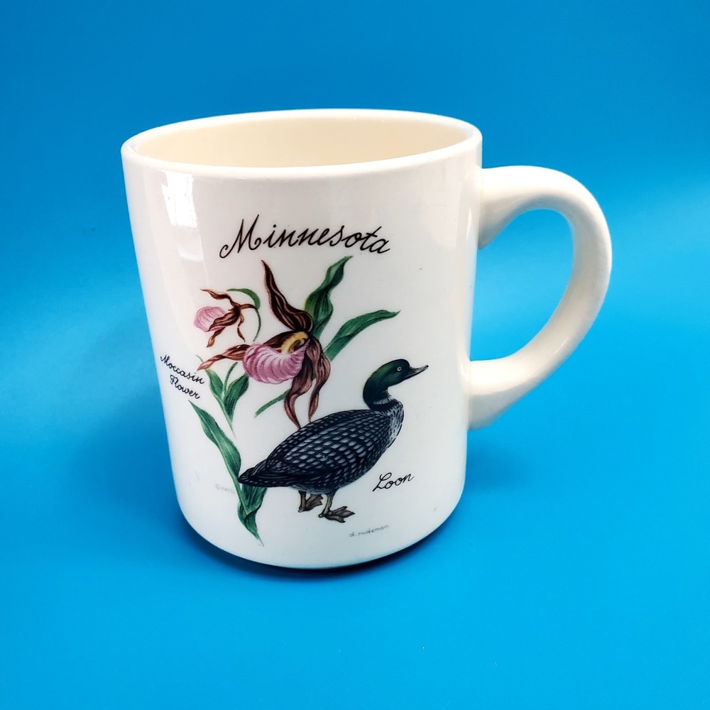 Minnesota State Coffee Cup/Mug ◇ Loon &‎ Moccasin Flower ◇ D. Rudeman